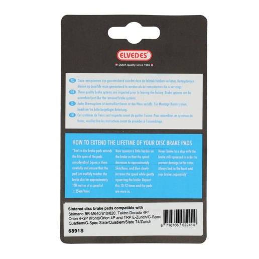 74.6891S ELVEDES Jeu de plaquettes de frein à disque fritté or